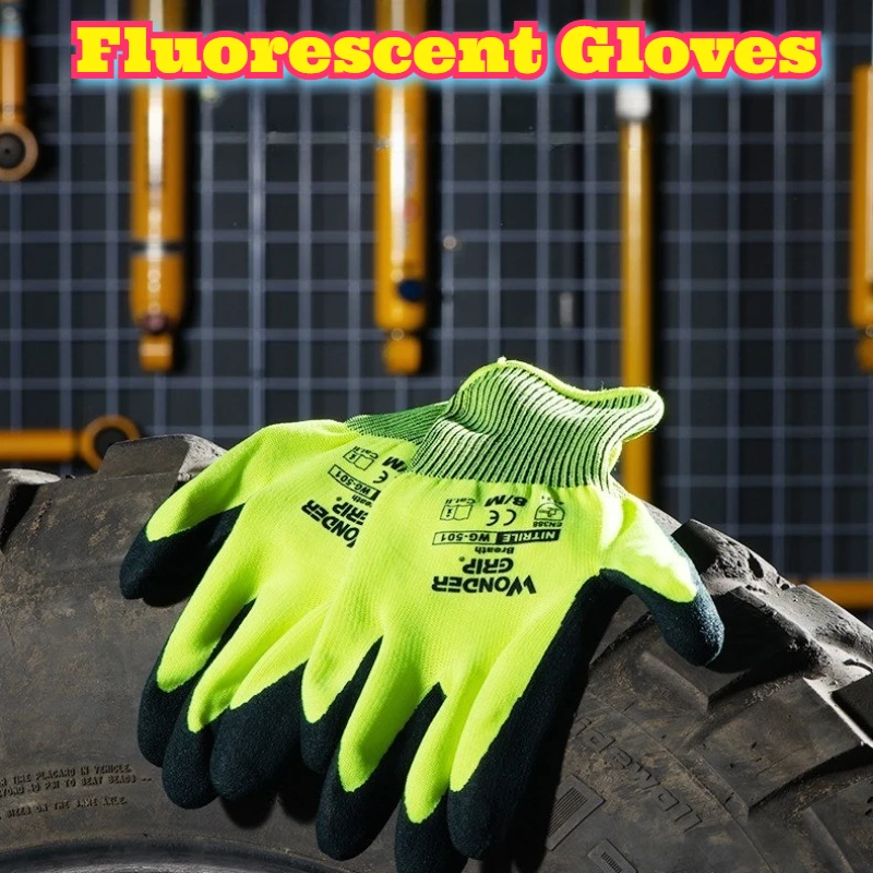 

Fluorescent Yellow Nitrile Coated Work Gloves Breathable Thin Wear Resistant Anti Slip Grip Handling Gardening Cleaning Labor