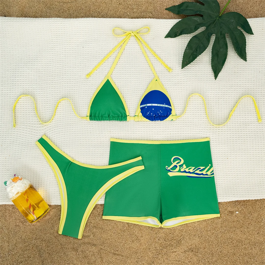 Neu mit Shorts, Flaggenmuster, Bikini, Damen-Badeanzug, dreiteiliges Bikini-Set, Damen-Bademode, Neckholder-Badeanzug, Badebekleidung, Schwimmbekleidung V7600 – Detail 2