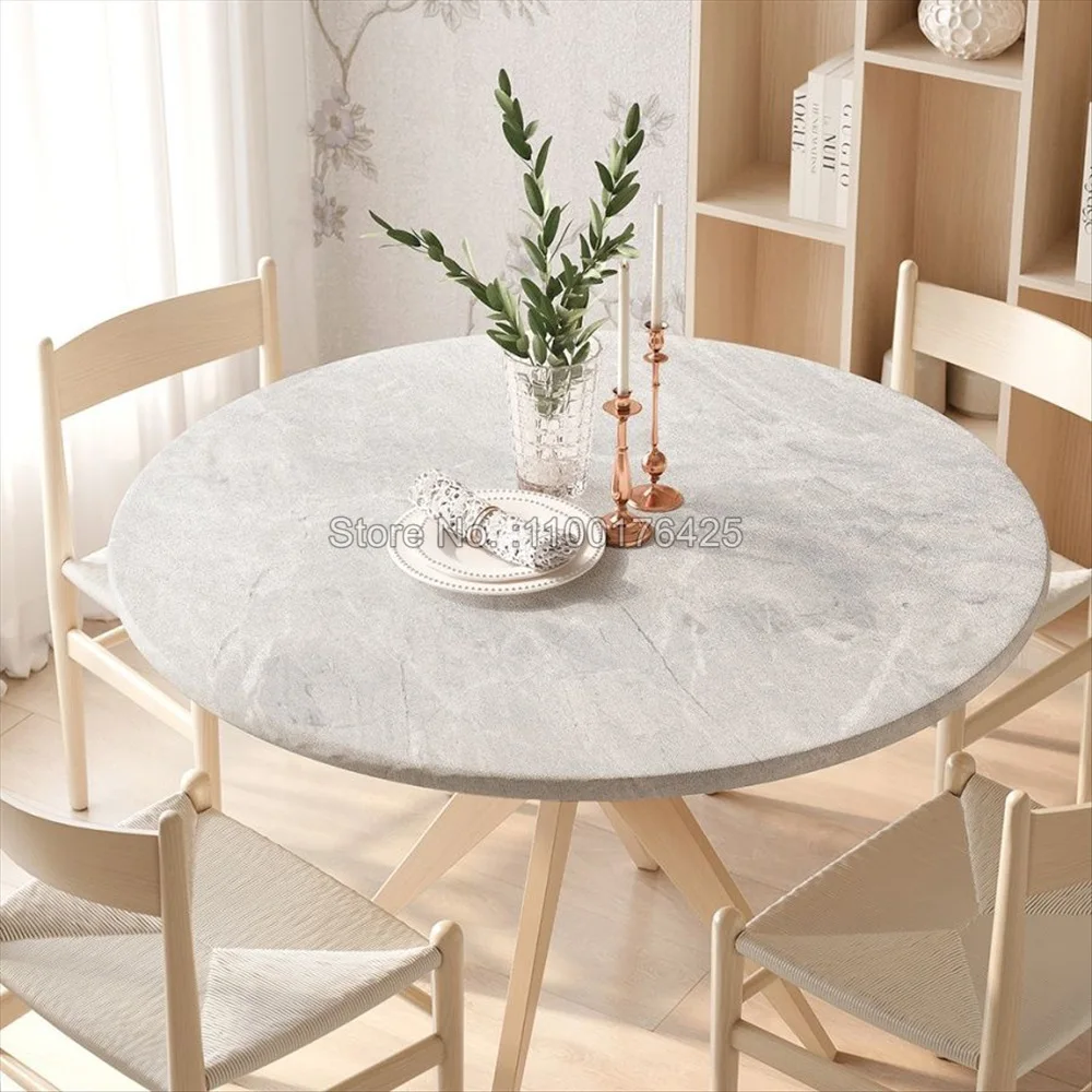 Marble Texture Fitted Round Tablecloth Waterproof Table Covers Elastic Edged White Marble Pattern Table Clothes for Dining Table