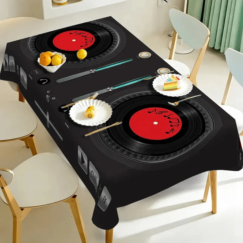 1pc Retro Record Player Pattern Music Theme Tablecloth - Black and Red Vinyl Record Texture Polyester Rectangular Table Coverxzj