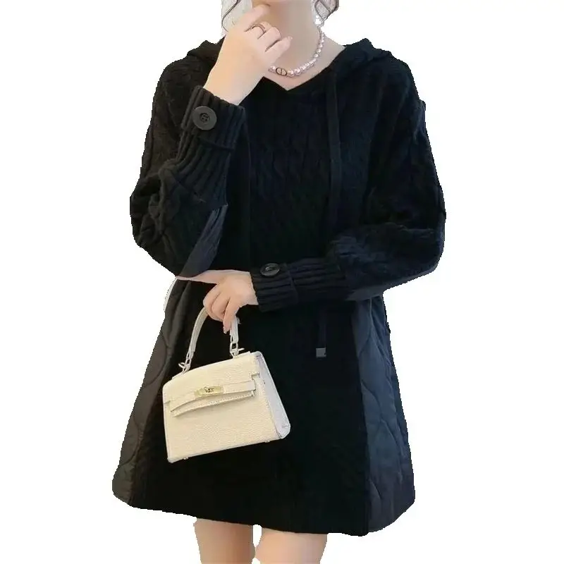 Mit Kapuze Schwerindustrie Herbst/Winter 2025, neue koreanische Ausgabe, lose einfarbige gestrickte Basis-Oberbekleidung, Spleißen, trendige Pendler-WF