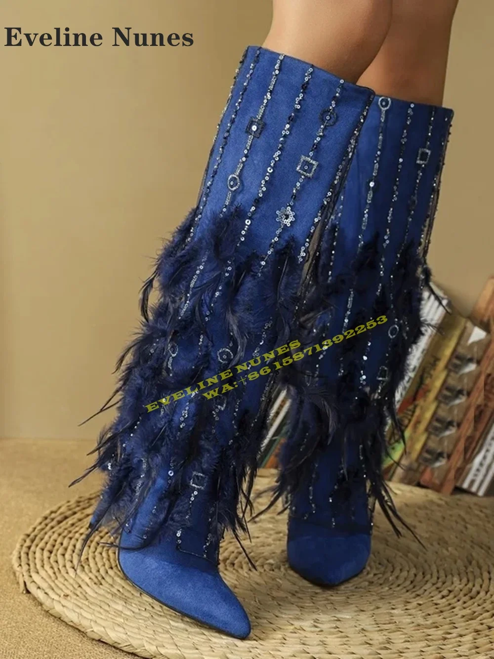 

Blue Feathers Sequin Knee High Suede Boots Pointed Toe Thin Heels Rhinestone Chain Sexy Fashion Booties 2024 Party New Arrivals