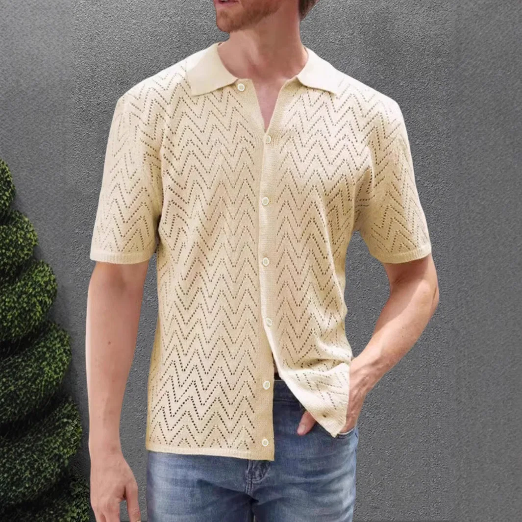 

Summer New Men's Casual Knitted Men's Shirt Short-sleeved Men's Shirt Cardigan Solid Color Hollow Lapel Top