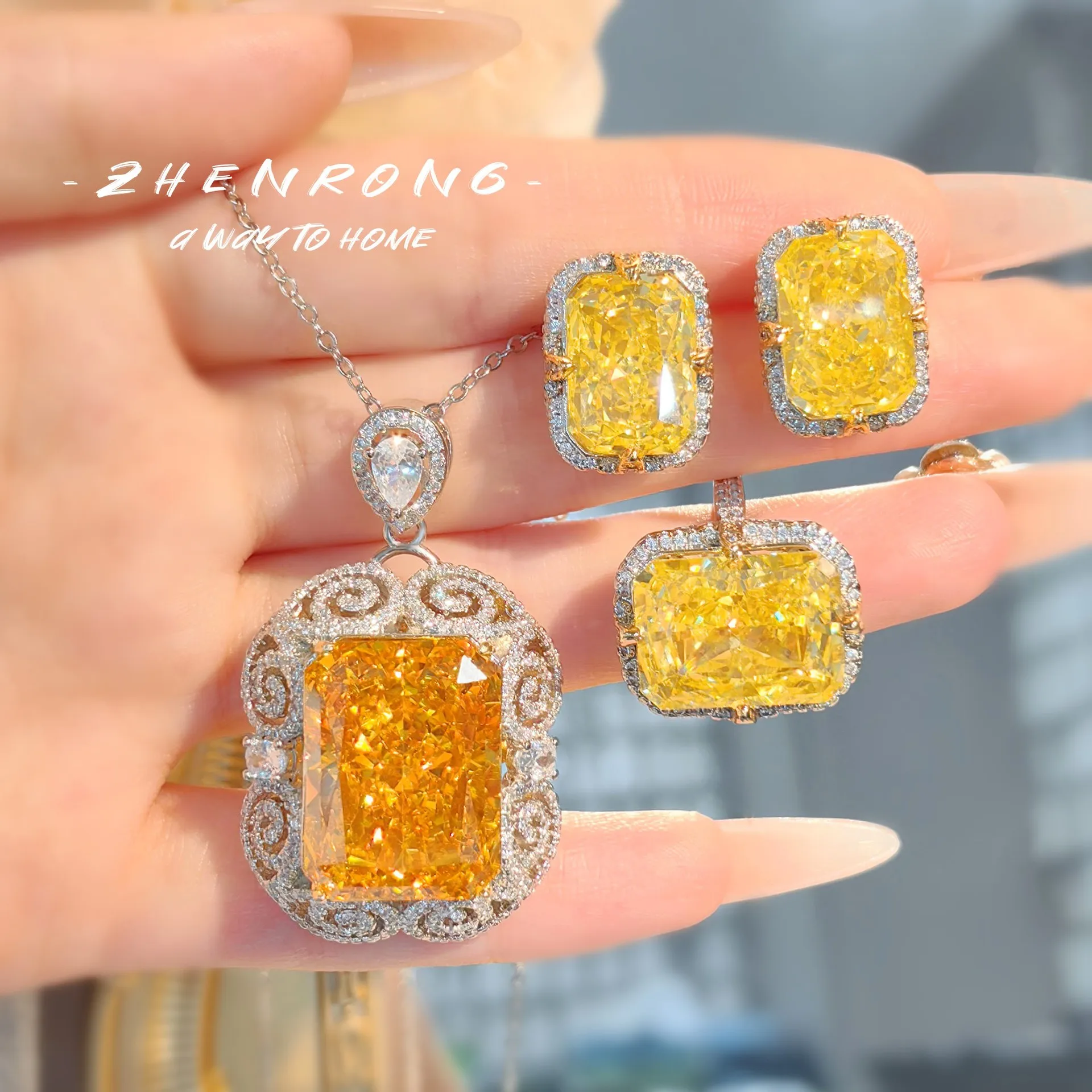 Foydjew Luxury Fashion Red Corundum High Carbon Diamond Jewelry Sets Wedding Pendant Necklaces Earrings Rings For Women