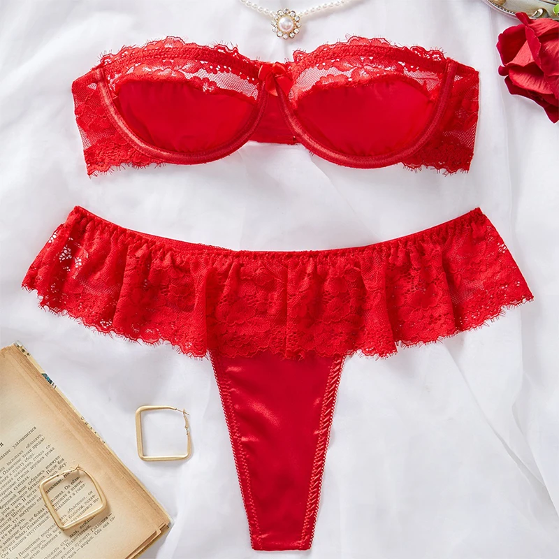 

Sexy Girl Lingerie Strapless Bra Set Red Lace Sexy Underwear Cute Bowknot Erotic Lingerie Intimate Off Shoulder Bikini Lingerie