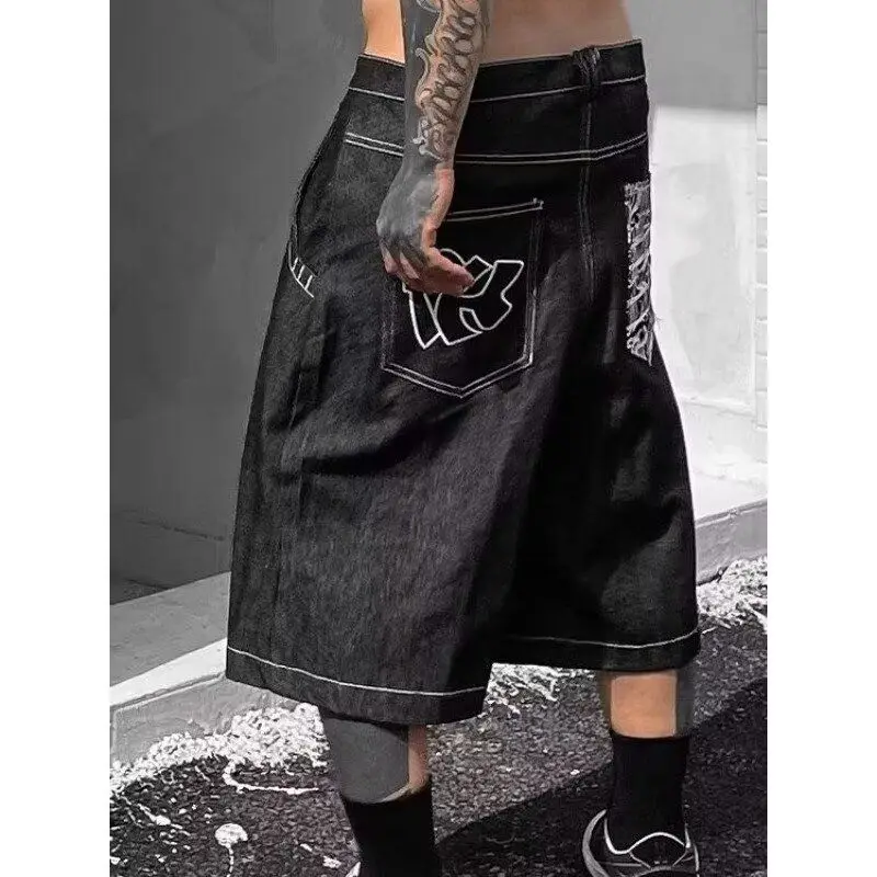 American West Coast Style Men's Short Jeans Summer New Trend Loose Washed Trimmed Five-Quarter Casual Pants Polyester Cotton ...