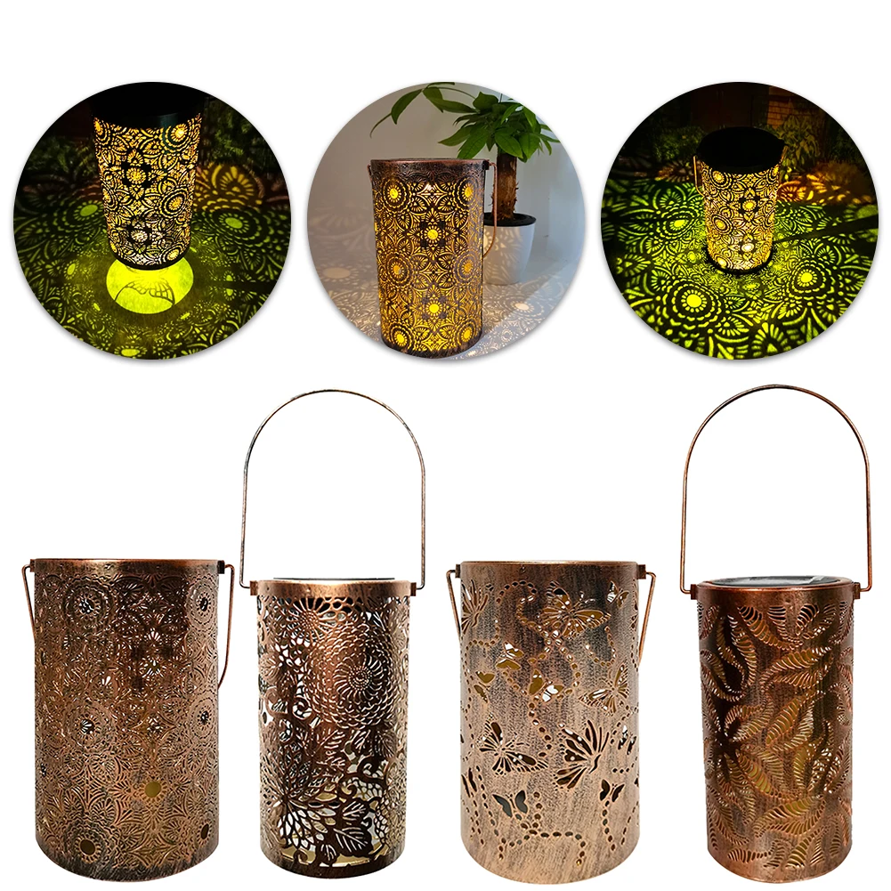 

Butterfly/Flower/Leaves Solar Lanterns Decorative Garden Light Hollowed-Out Metal Decor Lantern for Patio Yard Pathway Landscape