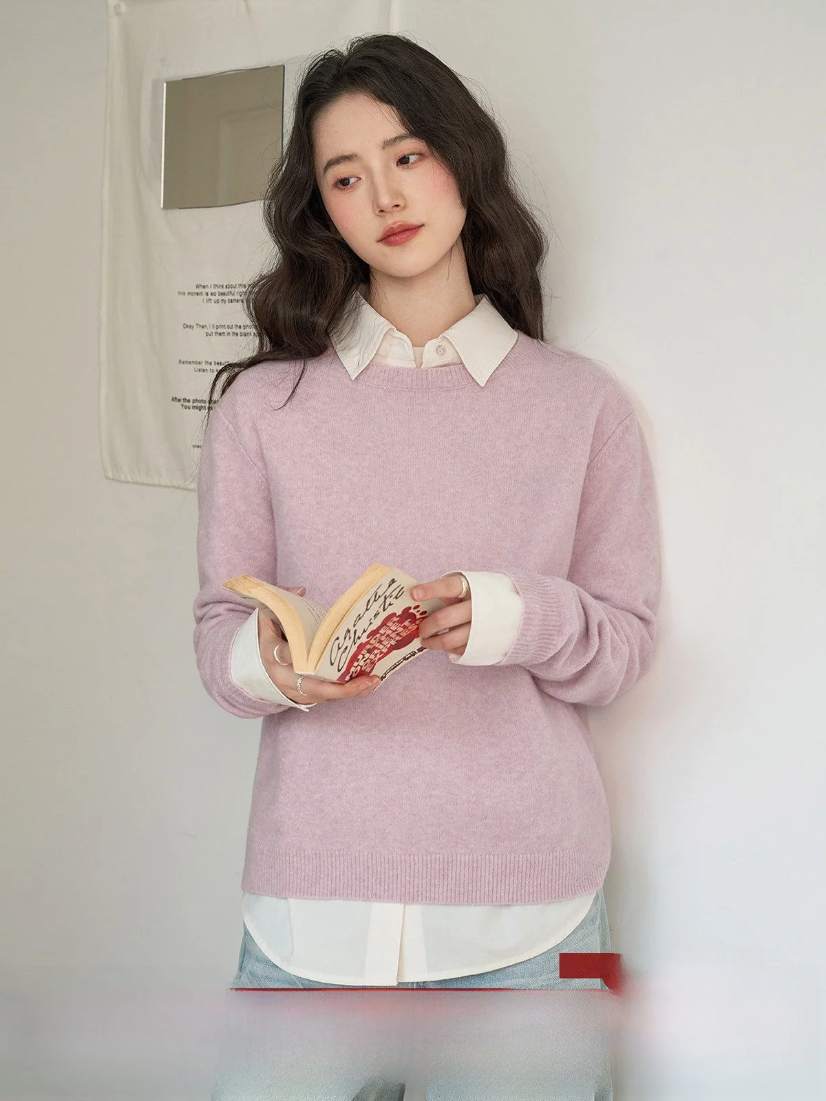

MoZao Gentle Wind Pink Short round Neck Knitted Sweater Women's Loose Slimming Spring New Style Layering Thermal Top