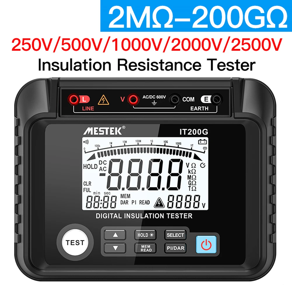 

Insulation Resistance Tester Digital Meter Resistance Voltage Polarization Index DAR Measuring Meter LCD Display with Backlight