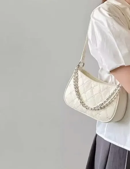 Embroidery Bow Pearl Women\'s Shoulder Bag Sweet Solid Colour Female Crossbody Bags Diamond Sewing Thread Ladies Commute Purses