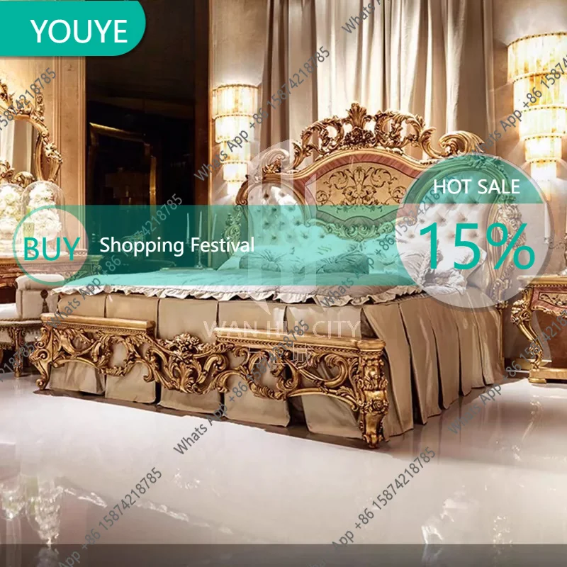Co French-style Carved Palace Luxury Fabric Double Bed Large European-style Villa Master Bedroom Wedding Bed
