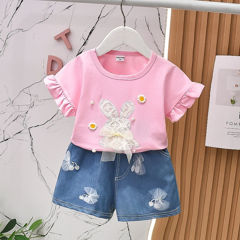 Baby Girls Clothes Sets 2024 New Summer Fashion Cute Suits Children T-Shirt Denim Shorts 2Pcs Kids Cotton Outfits Kids Tracksuit