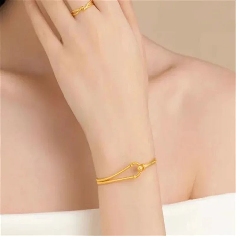 24K Real Gold Spring Horseshoe Buckle Bracelet,  Pure Gold C-shaped Interlocking Bracelet Adjustable AB Chain Bracelet