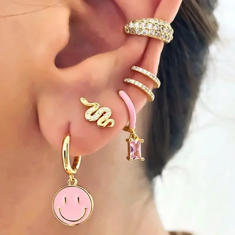 925 Sterling Silver Ear Needle Pink Enamel Earrings star/heart/Geometric Pendant Hoop Earrings Cute Girls Gifts Party Jewelry