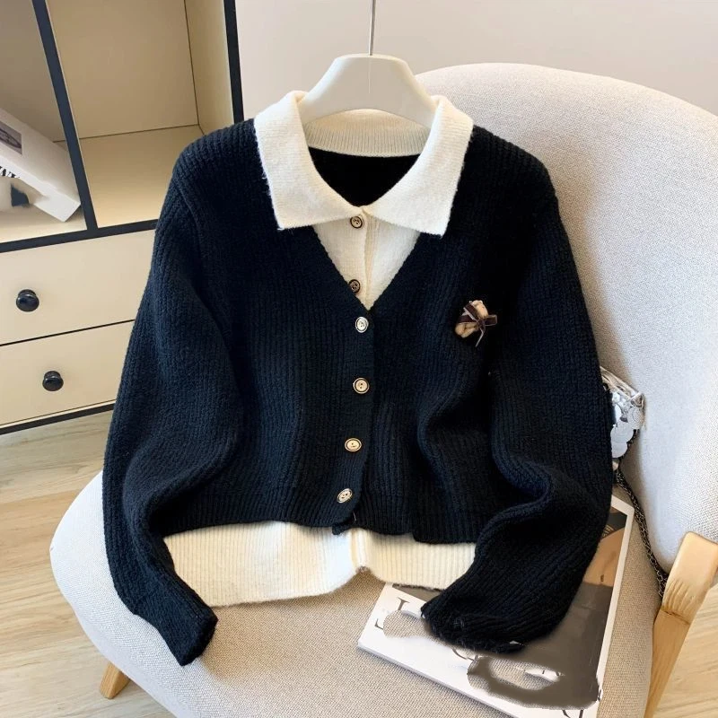 Women Elegant Color Block Lapel Knit Cardigan 3D Bear Decor Loose Casual Sweater Coat for Autumn Winter