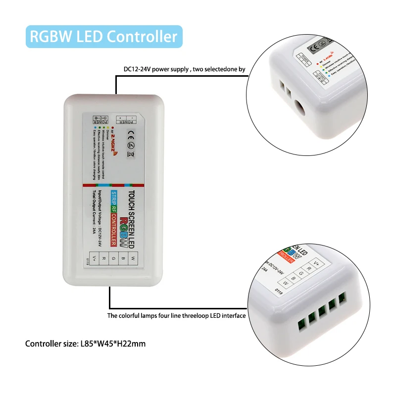 RGBW Controller 24A DC12V 24V 4 Channel LED Touch Screen RF Wireless Remote Control Dimmer for 5050 Full Color Lamp Light Strip