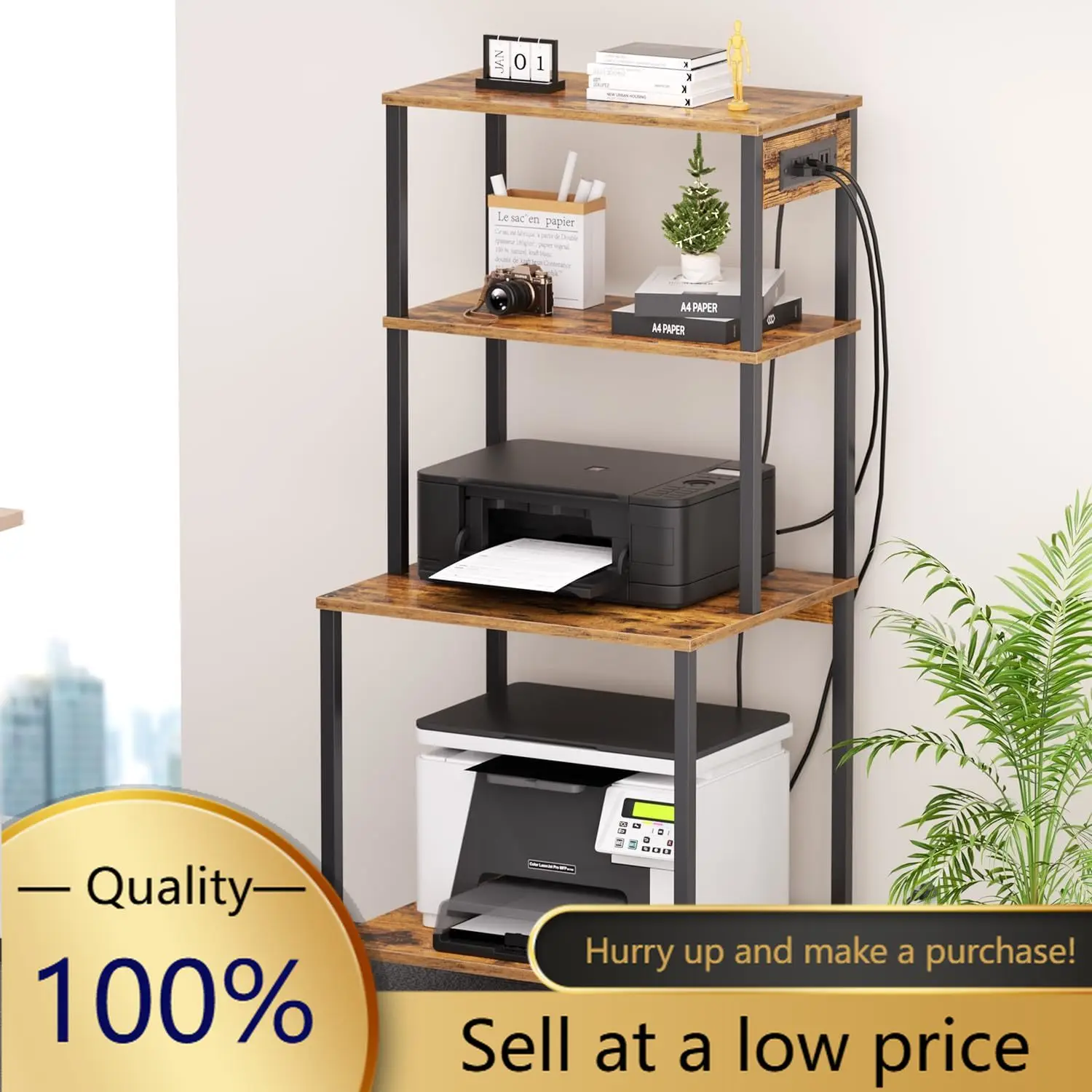 Large Printer Stand with Charging Station, Printer Table for Home Office