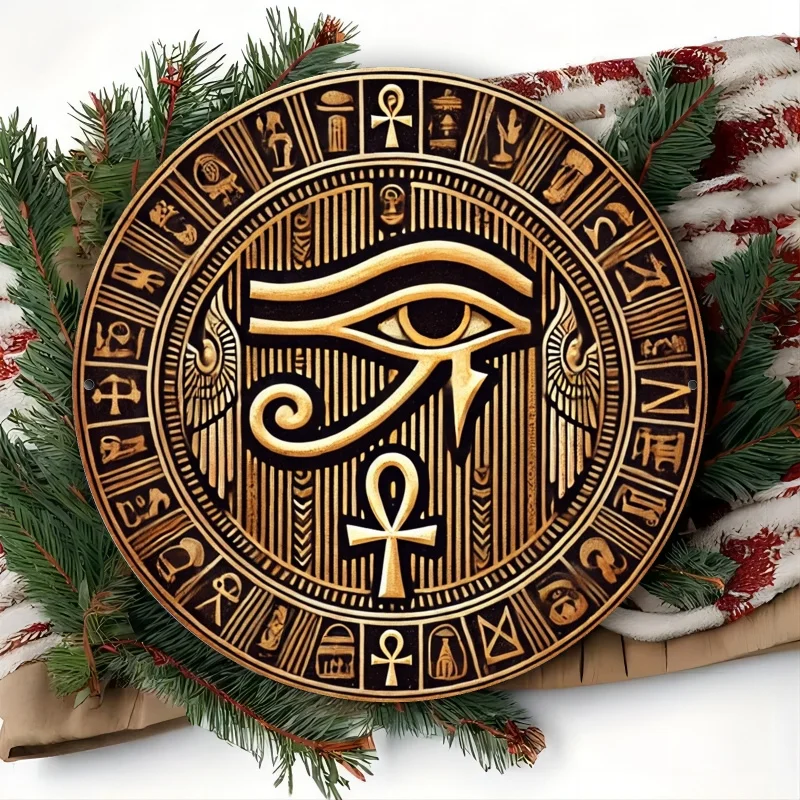 Horus Eye Wall Decor Vintage Egyptian Round Aluminum Sign for Room Garden Cafe Bar Gift