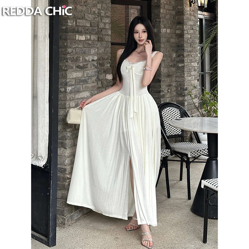 

ReddaChic Stitch Lace Square Neck Women Dress Plain Casual Bow Sleeveless Slim Fit Draped Long Knit Dress Elegant Summer Clothes