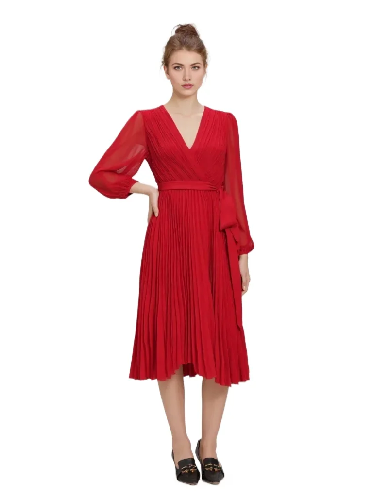 

Pleated V-neck Lace Up Long Dress Red With Long Sleeves