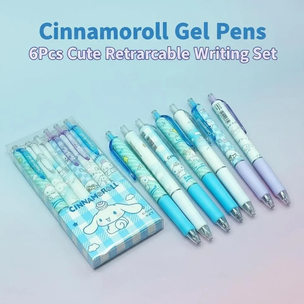 

Набор выдвижных гелевых ручек Cinnamoroll, черные чернила 0,5 мм, разноцветный узор Cinnamoroll, 6 шт./упаковка, плавное письмо, милый дизайн Kawaii