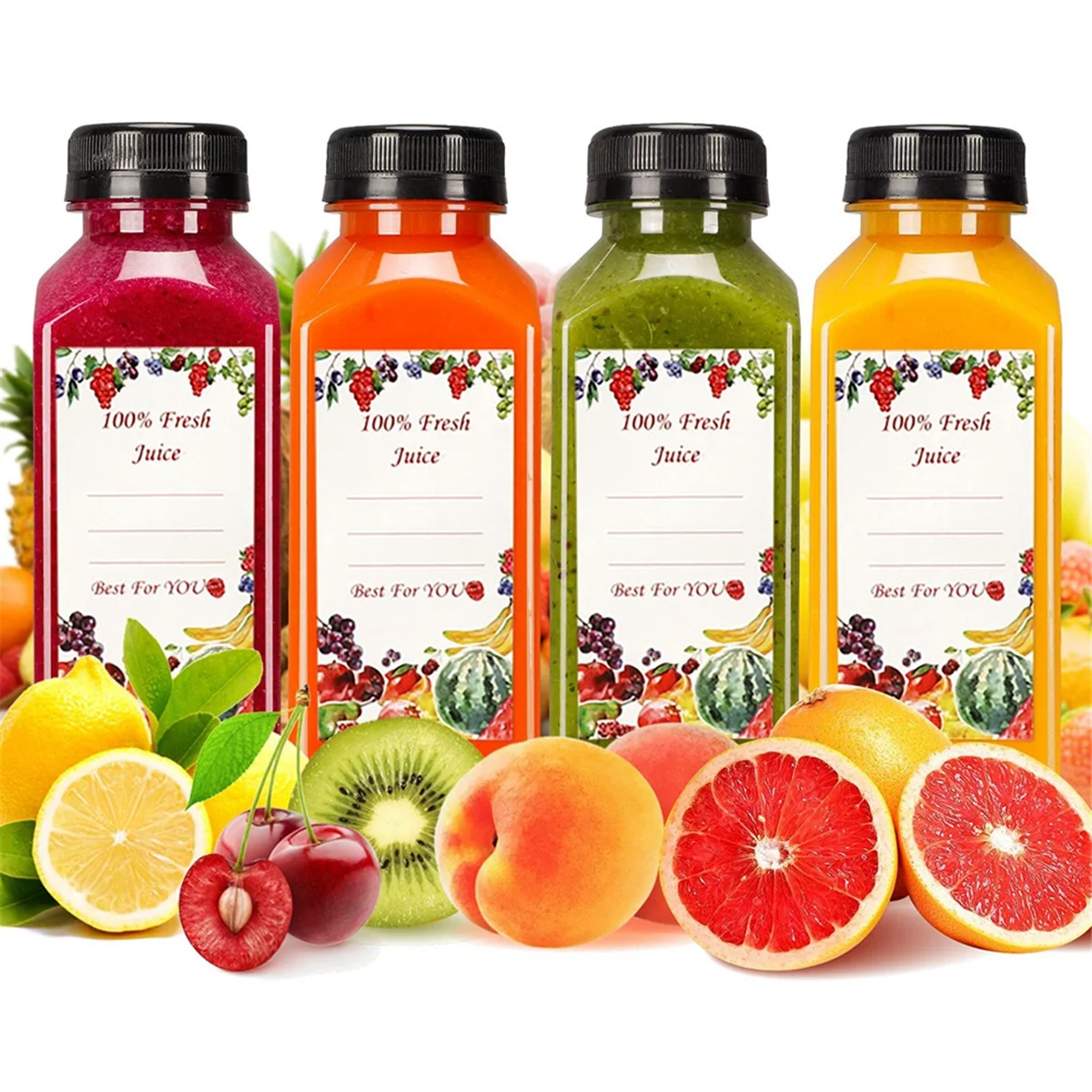 20 قطعة من زجاجات العصير البلاستيكية الفارغة سعة 12 أونصة مع أغطية، وزجاجات مياه قابلة لإعادة الاستخدام، وحاويات شفافة مع أغطية واضحة للعبث الأسود