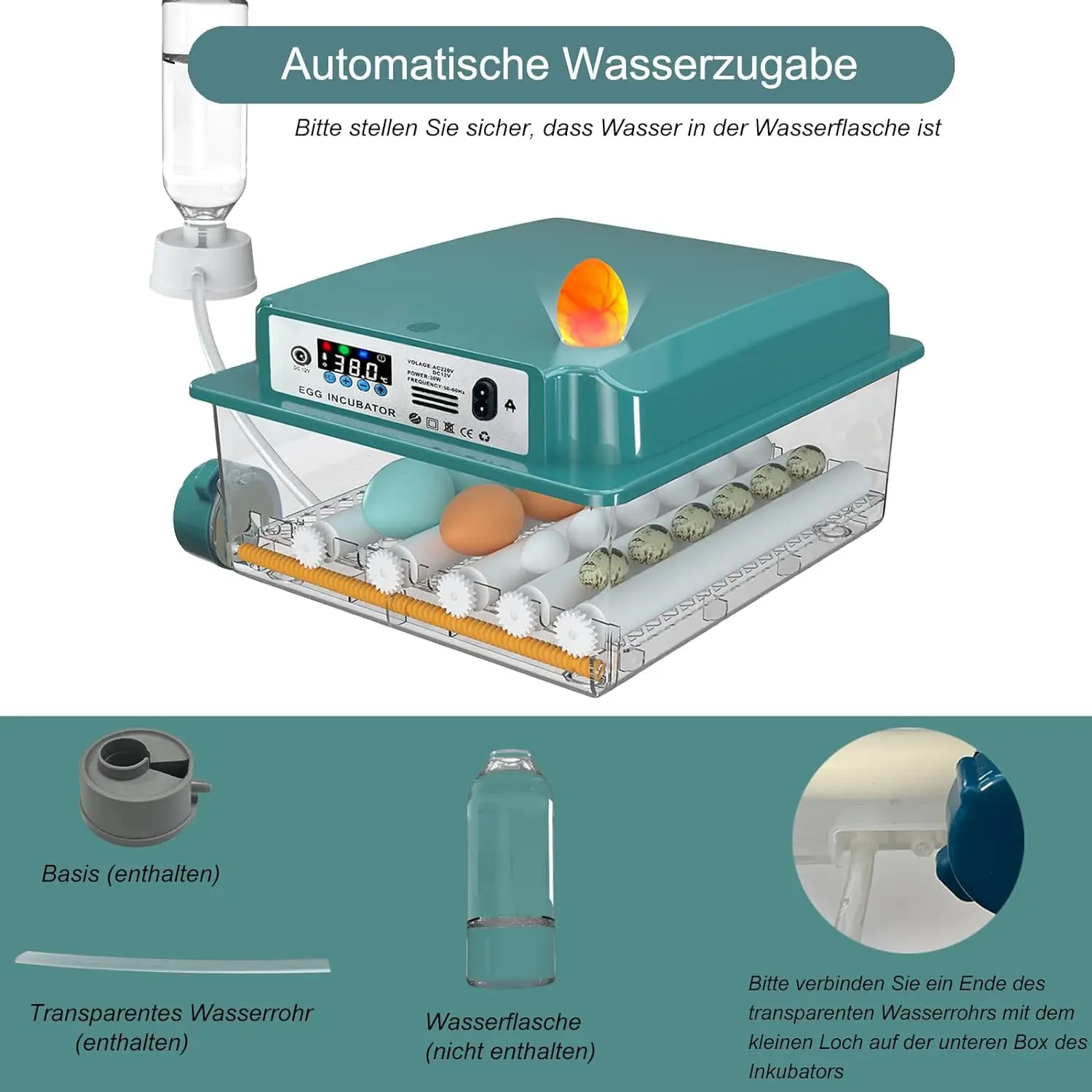 Incubator for16-36 Eggs, Incubator with Automatic Egg Rotation, Humidity Display and Automatic Water Addition