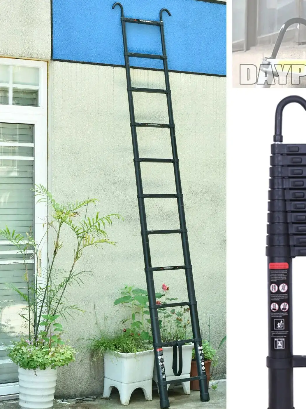 Aluminium uitschuifbare ladder met 2 afneembare haken, antislip multifunctioneel voor thuis en buiten, draagvermogen 150 kg, EN131 - afbeelding 2