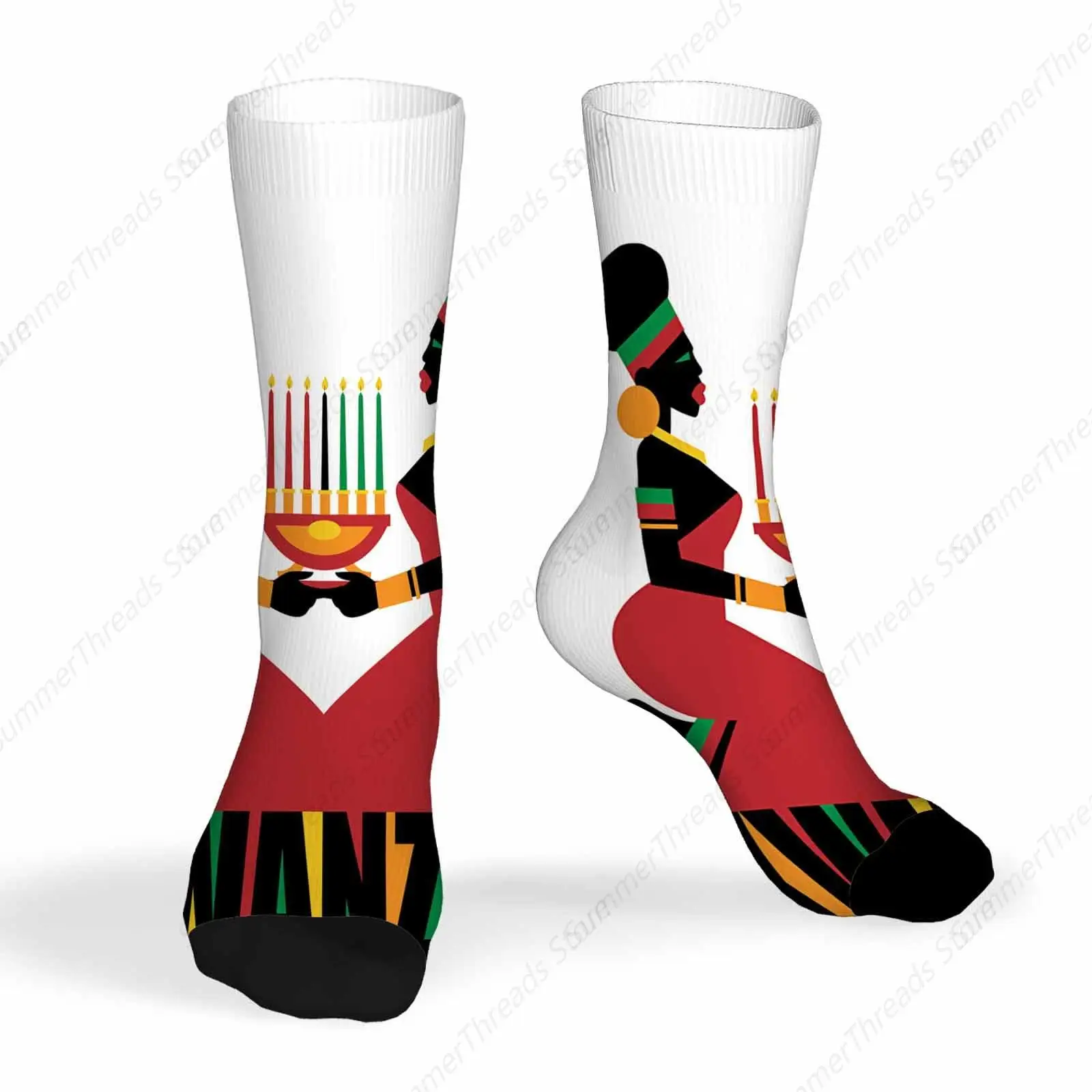 Figures of African Dancers in Ethnic Tribal Style on Dark Casual Compression Crew Knee High Sock Athletic Soft Circulation Socks