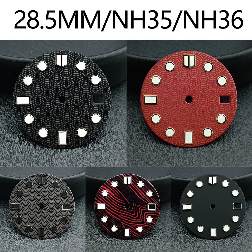 Mostrador de calendário único de 28,5 mm com padrão de escala de peixe mostrador luminoso verde, adequado para peças de reposição de relógio de movimento NH35/36