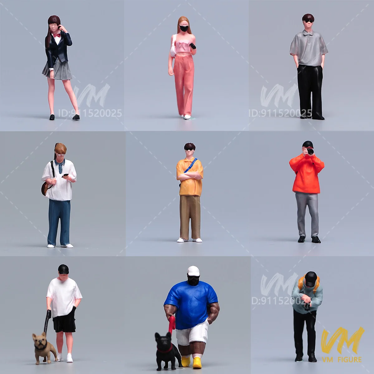 Miniaturas pintadas 1/18 1/24 1/43 1/64 1/87 JK estudiante moda chica hombre caminando su perro fotógrafo figura modelo juguete vista decoración