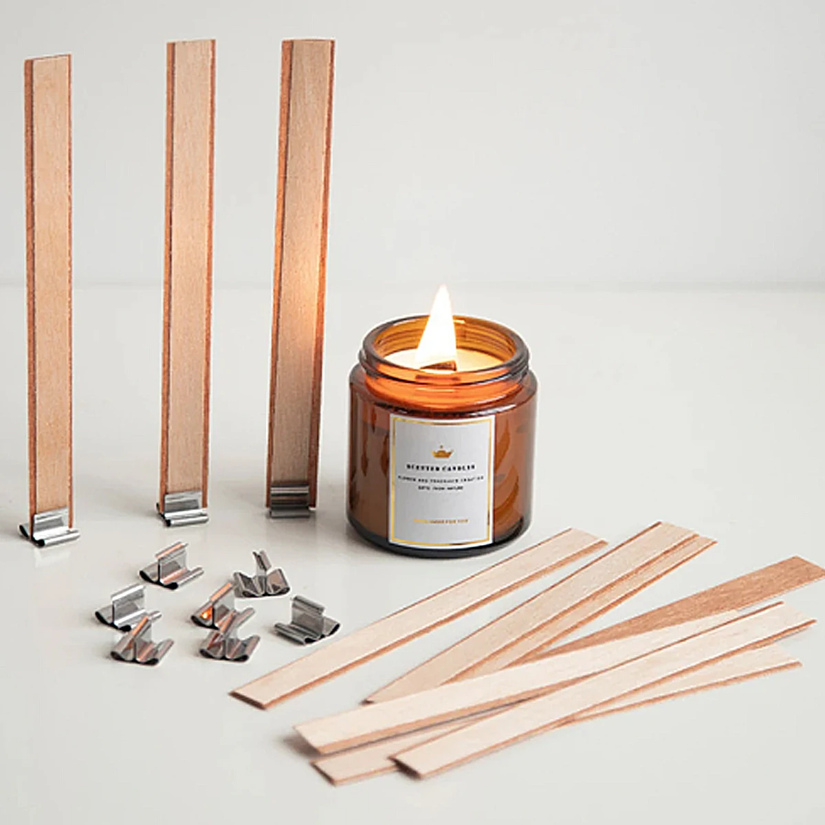 10pcs/set Double Layered Wooden Candle Wick Multi Size Naturally Smokeless Wooden Wax Core & Metal Clips DIY Candle Making Kit