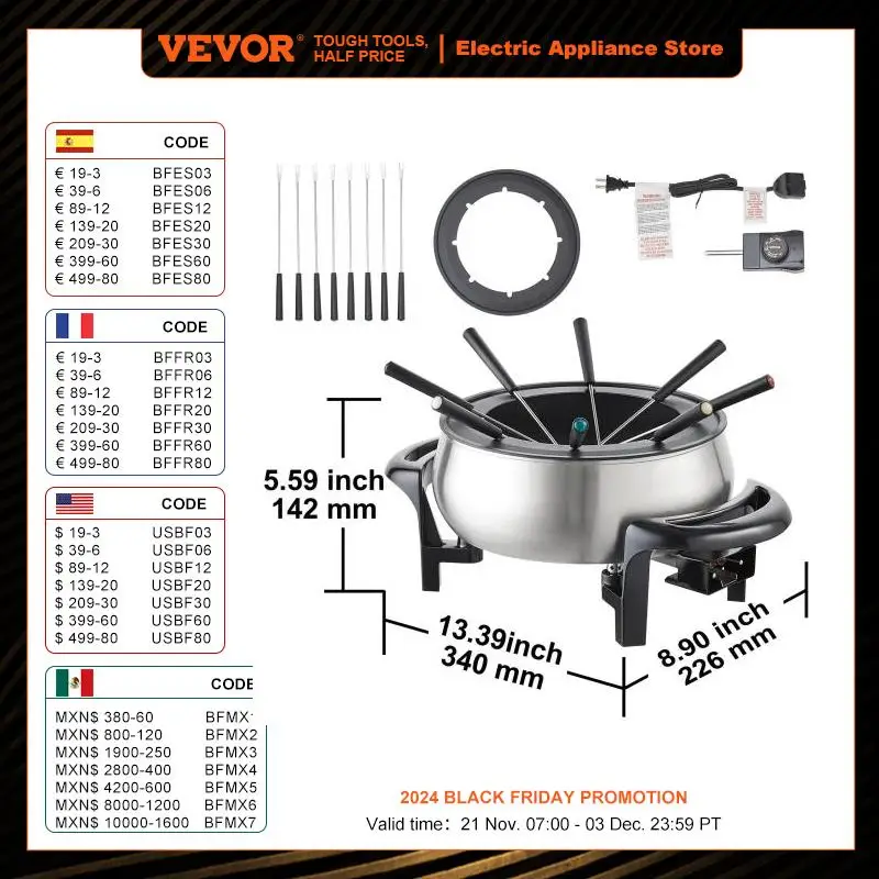 

VEVOR Electric Fondue Pot Set for Cheese & Chocolate 3 Quart Chocolate Melting Stainless Steel Fondue with Temperature Control