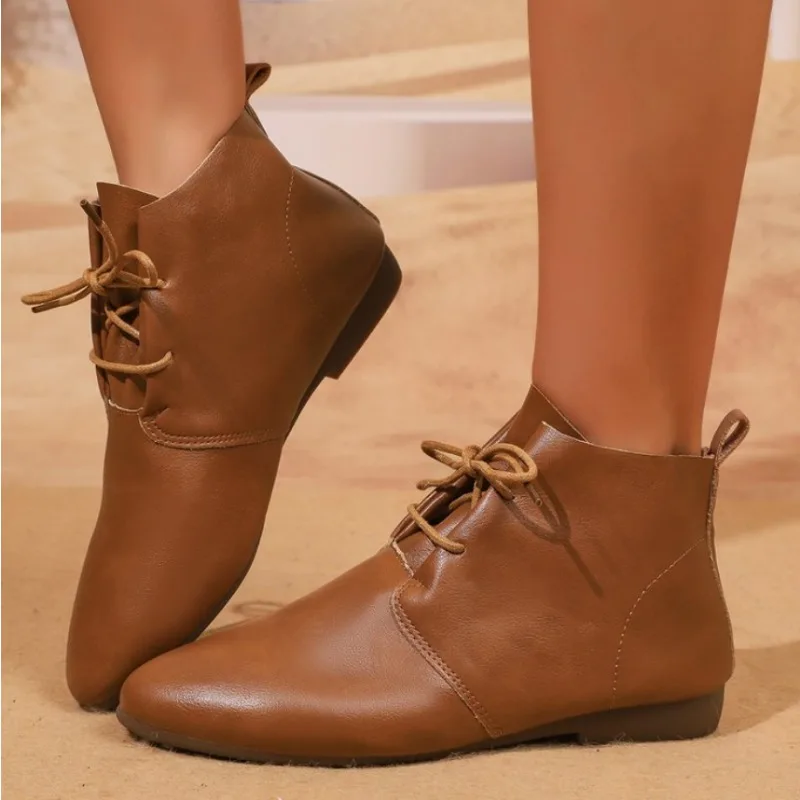 

Зимние классические женские короткие ботинки на шнуровке, кожаные трендовые удобные туфли, модные ботильоны «Челси» с острым носком, Botas De Mulher