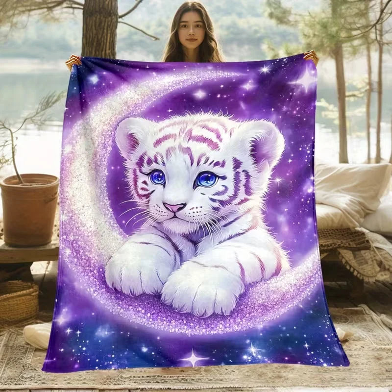 Sparkly Crescent Moon White Tiger Cub Starry Sky Print Flannel Throw Blanket Soft Warm Blanket For Sofa Bed Bedroom Decor