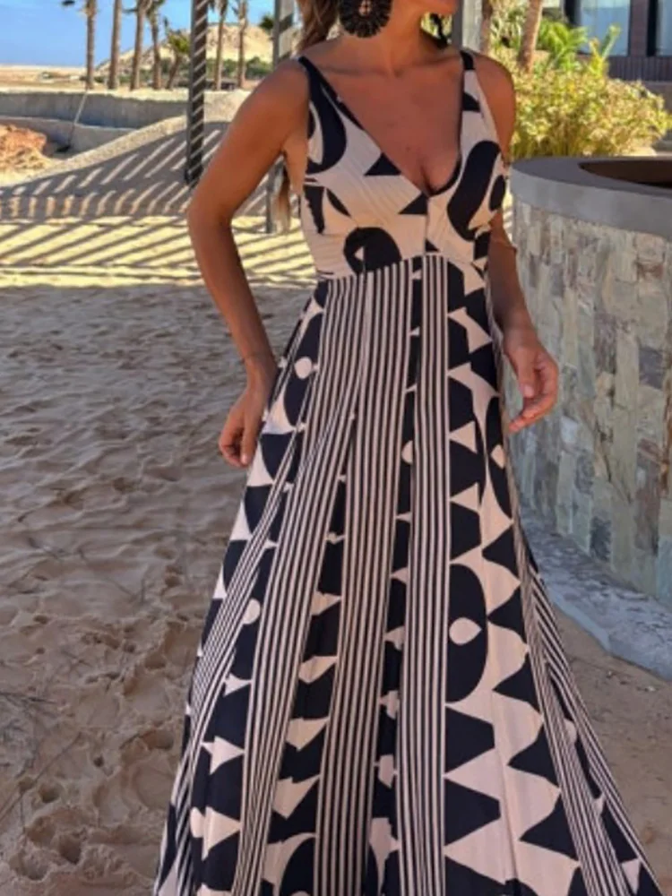 Vestido largo elegante con tirantes finos para mujer, vestido de fiesta de retazos a la moda con cuello en V profundo, vestido de mujer estampado sin espalda estilo playero