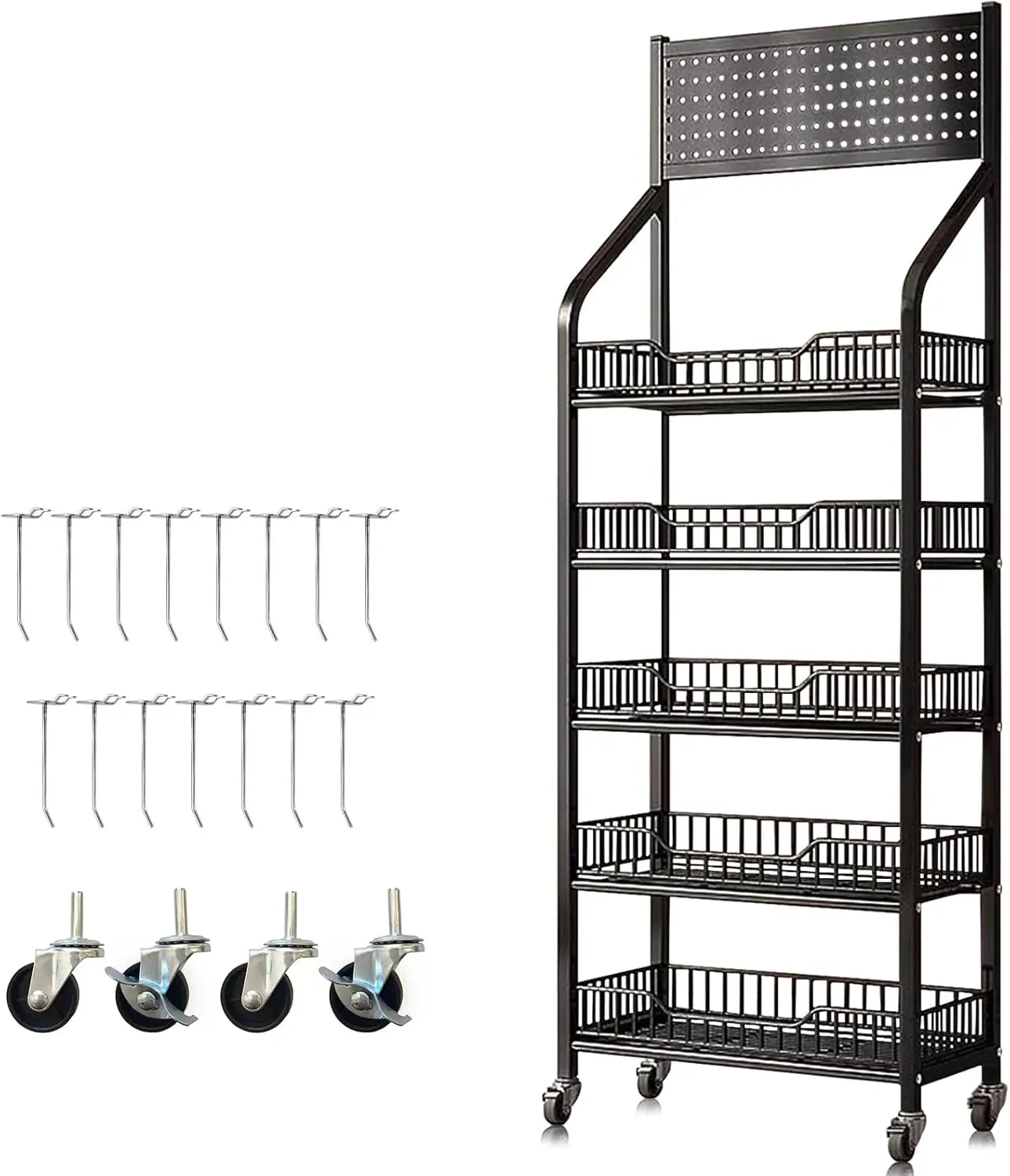 Five-Tier Snack Display Rack, 65.3H'‘ x 23.8W’' x 10.4D'', with Universal Casters For fruits, vegetables, towel baskets, stalls,