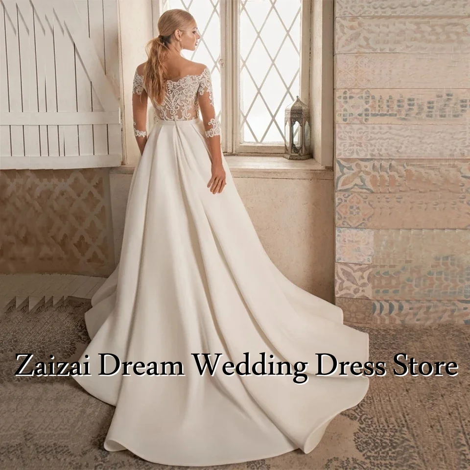 فساتين زفاف فاخرة مخصصة على شكل حرف a من الساتان قبالة الكتف زي العرائس حفلة التطهير طول Vestidos De Novia