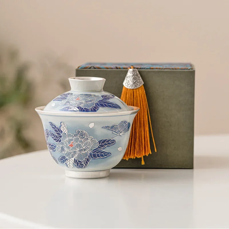 Silver Gilded Peony Sancai Gaiwan Tea Cup Household Kung Fu Set Chinese Brewing Bowl Single High-End Gift Box-Packed
