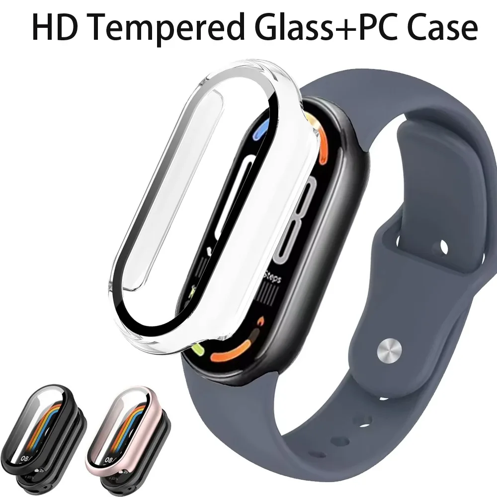 HD Tempered Glass+PC Case for Xiaomi Band 10 9 8 NFC Anti-fall Protective Screen Bumper Shell for Mi Band 9 10 8 Upgraded Bumper