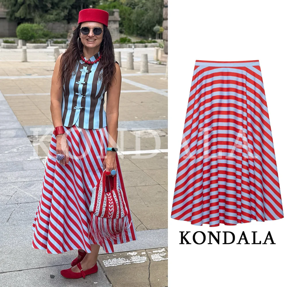 KONDALA Women Trendy Striped Midi Skirts 2026 Summer Chic Holiday Elegant Leisure Skirt Ladies Festivities Party Contrast Skirt