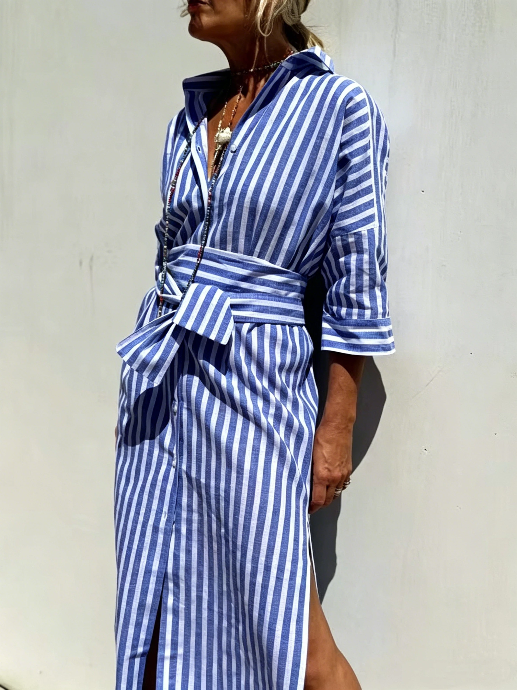 Vestido camisero informal a rayas para mujer, manga 3/4, con botones, estilo maxi con cinturón, vestido largo tipo túnica con aspecto de lino para verano