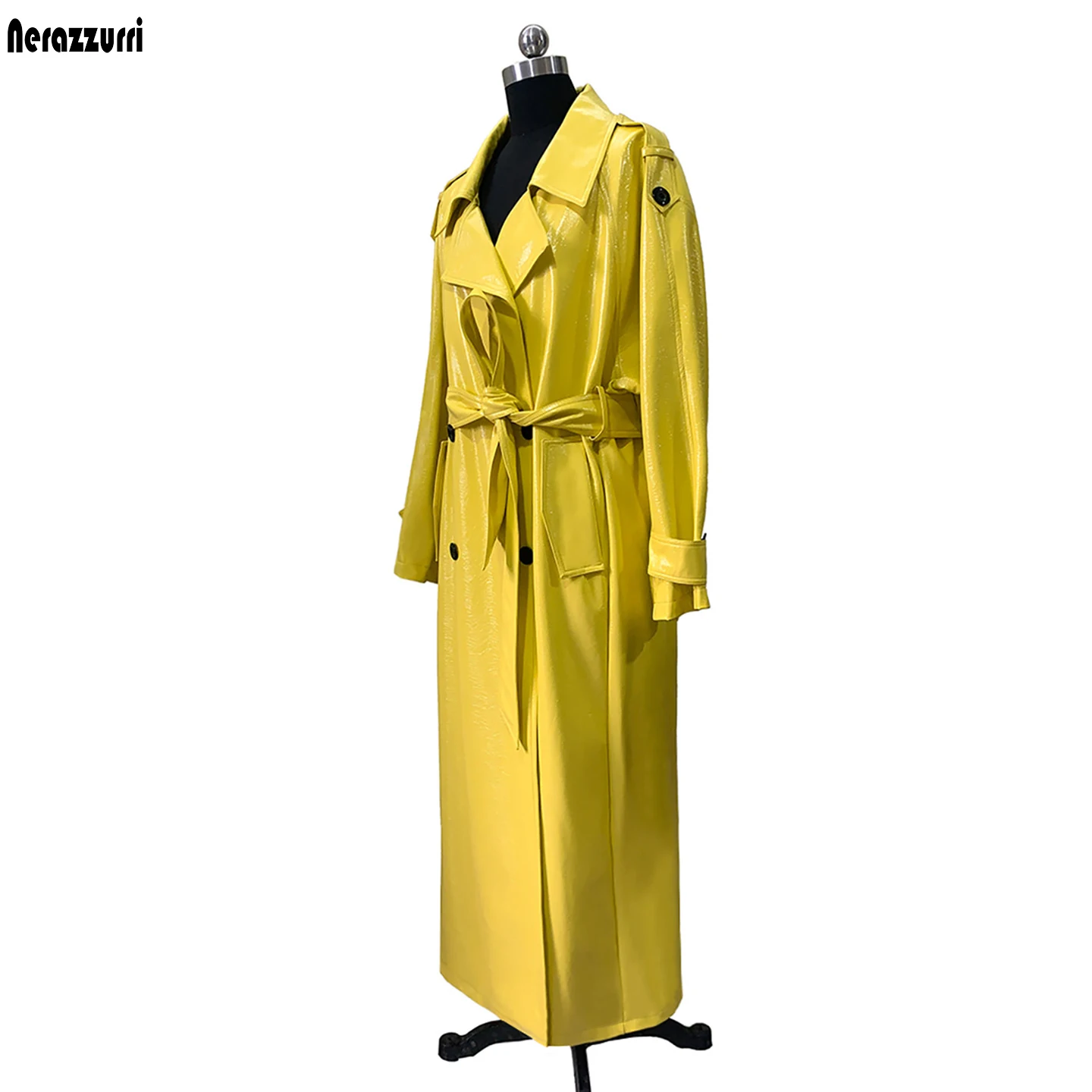 Nerazzurri Autumn Extra Long Waterproof Oversized Shiny Yellow Pu Leather Trench Coat for Women Luxury Designer Clothes Overcoat