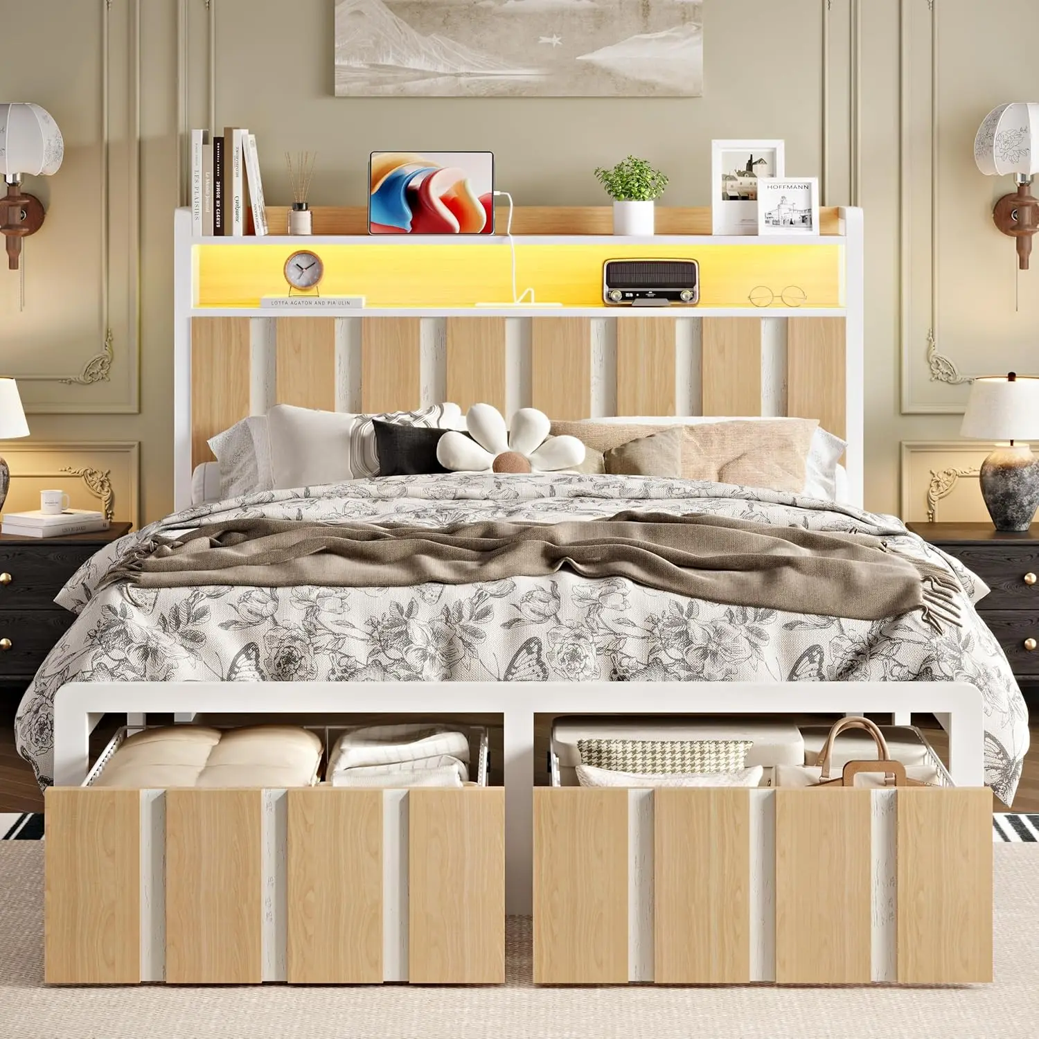 

Кровать-трансформер Queen с изголовьем, LED-подсветкой, зарядкой, двумя выдвижными ящиками, сверхпрочная, бесшумная, белая, на заказ