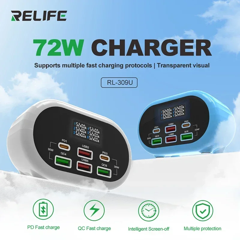 

RELIFE RL-309U 72 Вт Умное 6-портовое зарядное устройство Dual PD/Dual QC для большинства мобильных телефонов/планшетов/ноутбуков основного бренда и других устройств