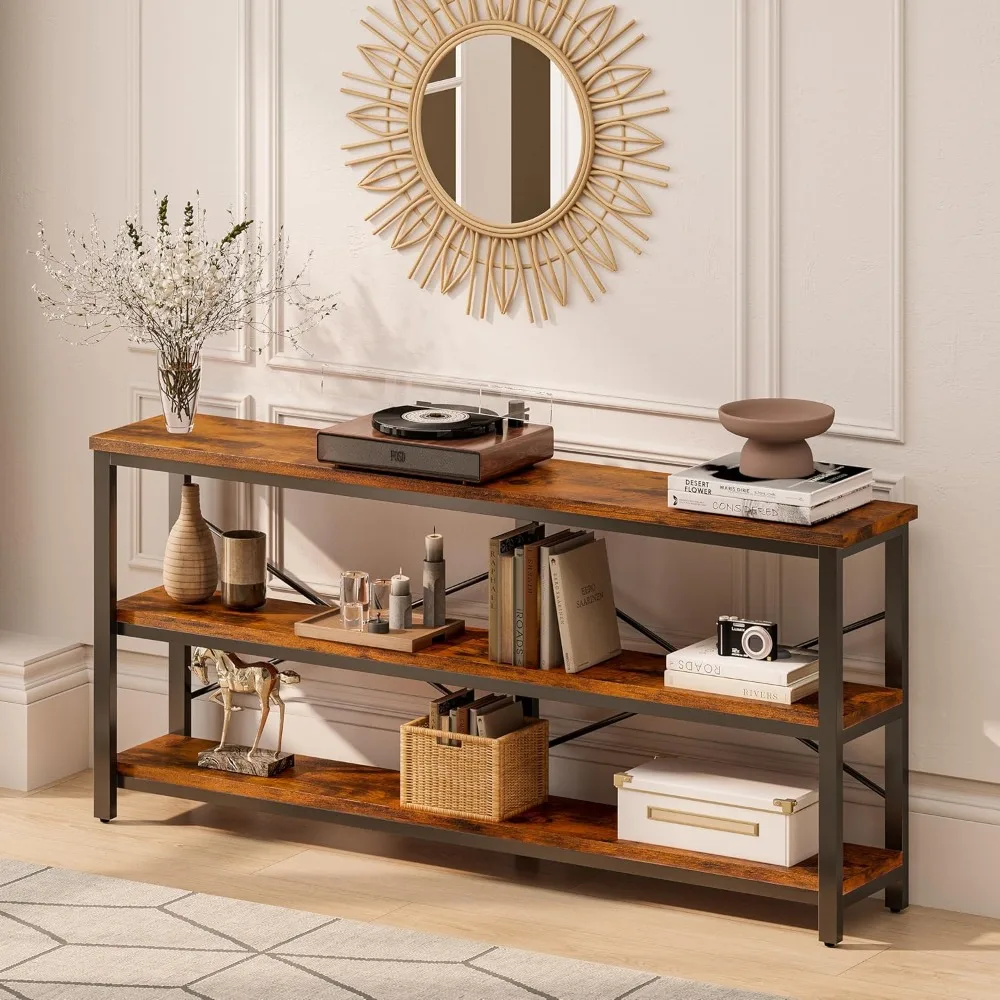 طاولة وحدة تحكم ضيقة طويلة جدًا مقاس 71 بوصة - أرفف تخزين من 3 طبقات للأريكة/طاولة مدخل لمدخل غرفة المعيشة (بني ريفي)