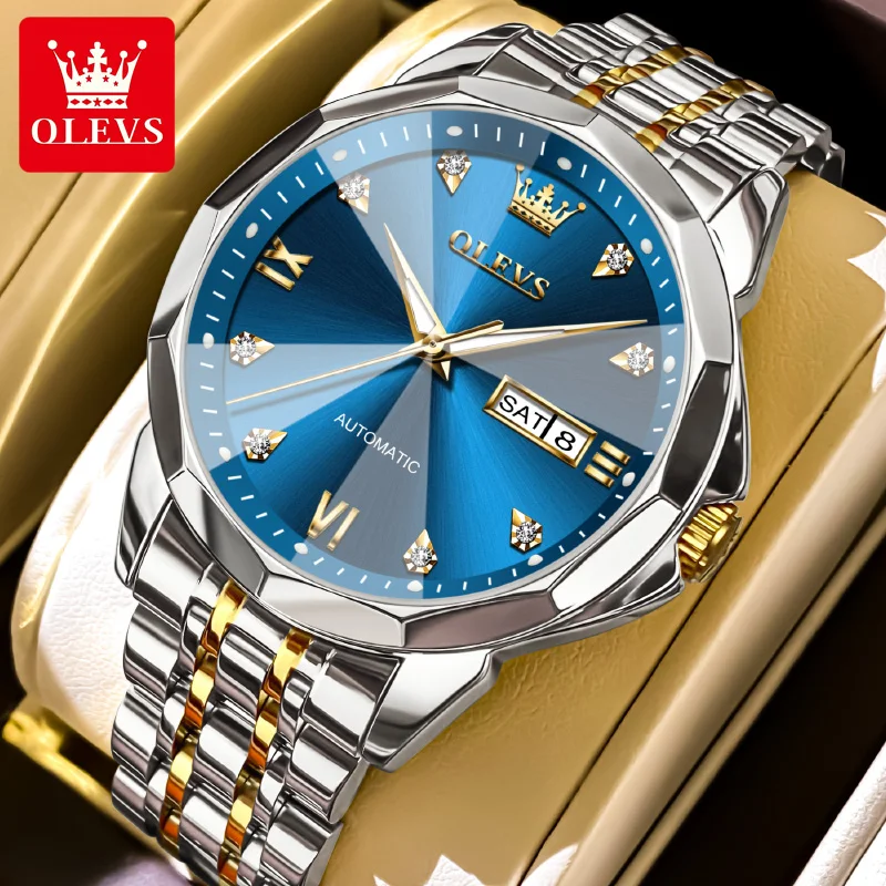 

OLEVS 9982 Автоматические часы для мужчин с бриллиантовой шкалой, роскошные механические мужские часы с ромбическим зеркалом, водонепроницаемые ручные часы с двойным календарем