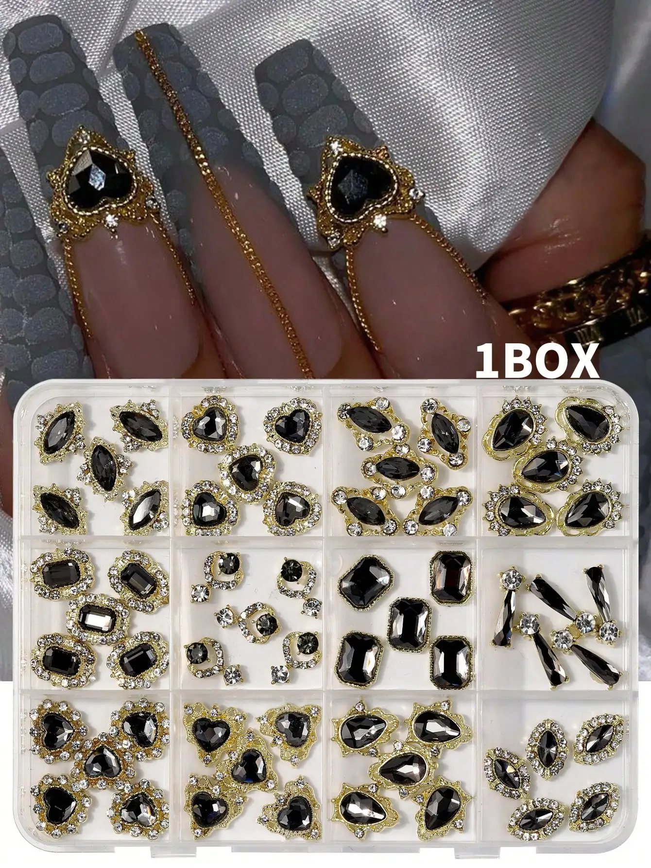 

60PCS Gold Alloy Nail Gems Black Rhinestones Bridal Party DIY Nail Art Kit