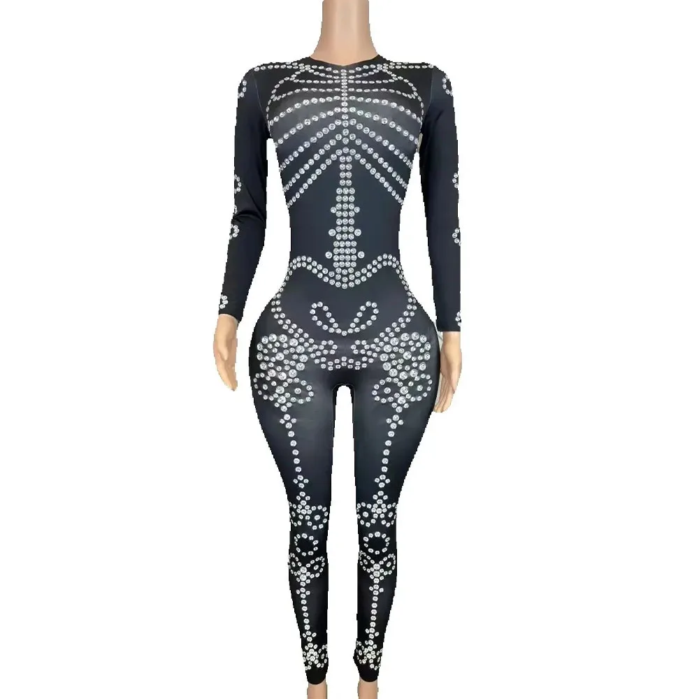 

Sexy Nightclub Performance Show Stage Wear Printing Rhinestones Hollow Jumpsuit Women Festival Party Photoshoot Costume