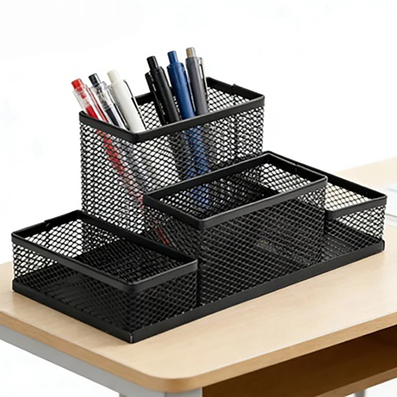 1 PC schwarzes, multifunktionales Aufbewahrungsrohr aus Metallgeflecht, Desktop-Aufbewahrungsbox mit mehreren Fächern und großem Fassungsvermögen